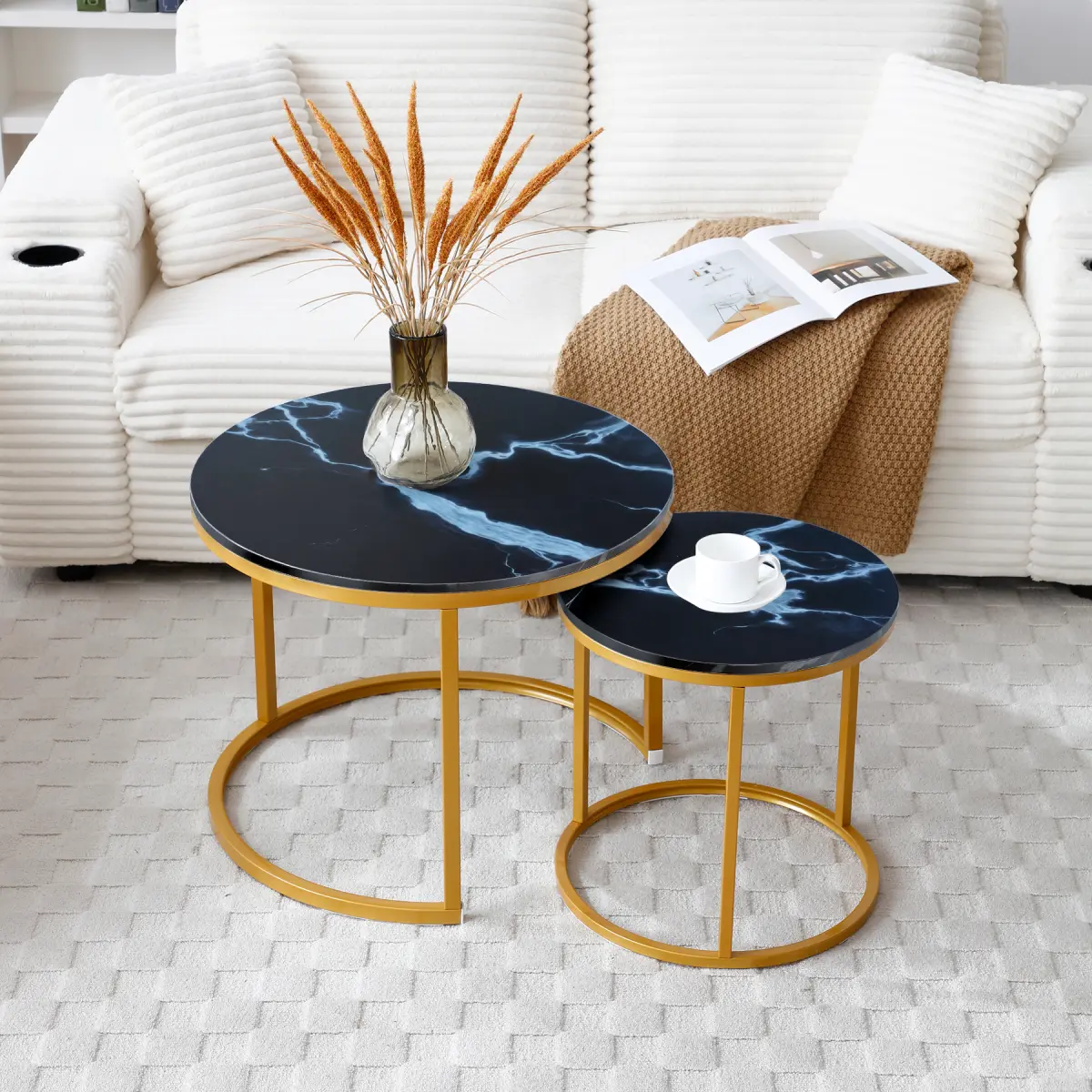 2-Pack Minimalist Nesting Circle Coffee Table Combo - MDF+Metal Stackable, Quick Install, 2-Sizes Modern Accent Tables, Accent Furniture for Living Room Sofa Home Decor