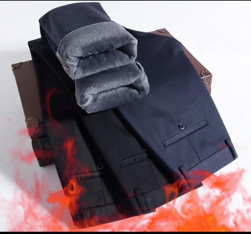 Static Cuff Flannel Thick Men's Casual Pants Winter New Fleece Business Stretch Warm Plush Trousers Brand Slim Straight Male Pants