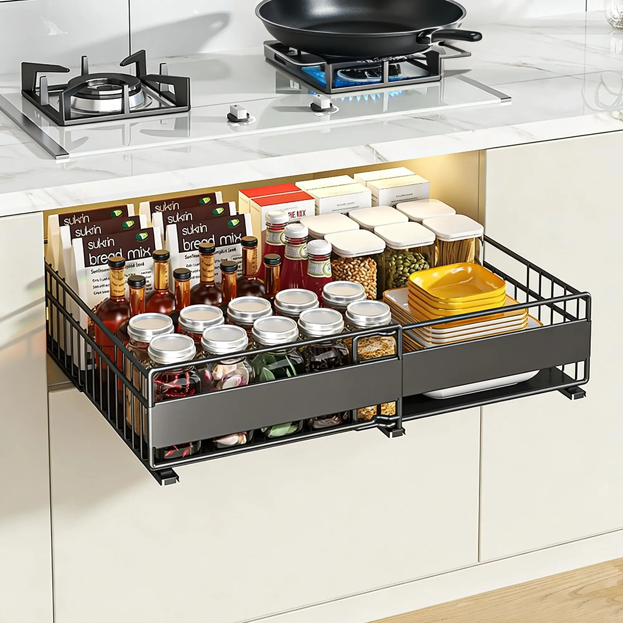 Adjustable Pull Out Spice Rack Organizer for Kitchen Cabinets – Heavy Duty Slide-Out Drawer – No-Drill Installation – Fits 12.2"-19.29" Wide Cabinets – Space-Saving Pantry Storage