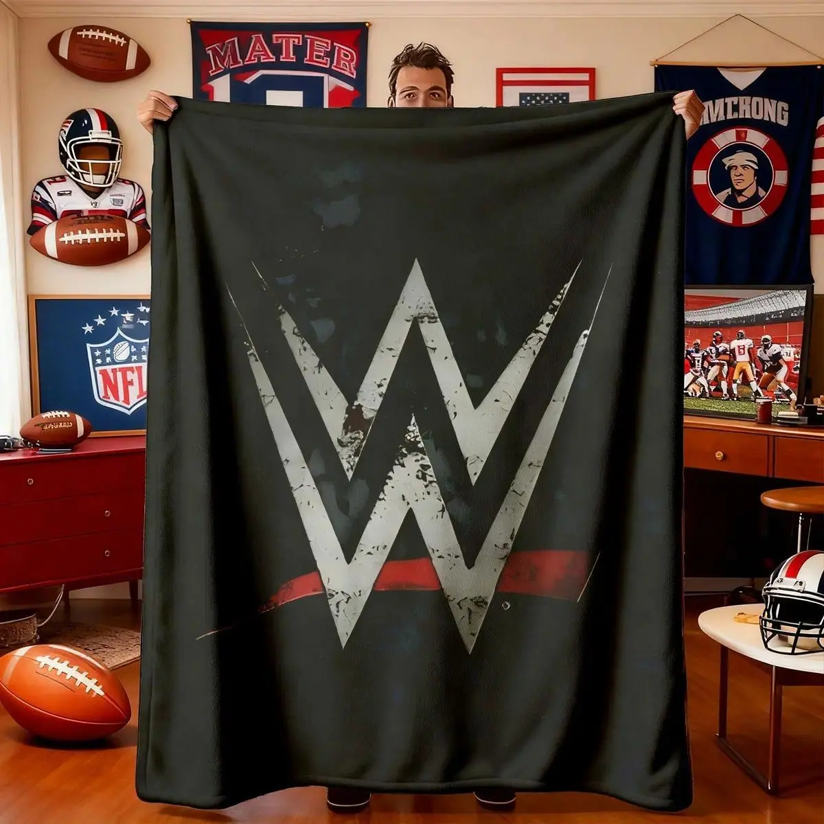 Wwe Distressed Logo Wrestling Theme Flannel Blanket, Lightweight Graphic Throw Blanket, Soft Lightweight Warm, Lightweight Cozy Blanket, Perfect for Bedroom Holiday Decor, All Seasons Use, Blanket Gifts