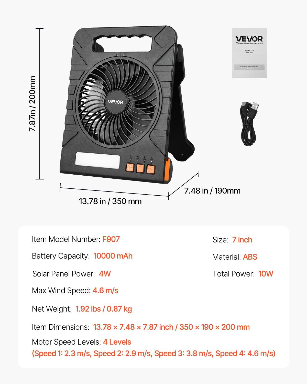 VEVOR 10000mAh Rechargeable Solar Fan with LED Lantern, 7 inch Portable Fan Cordless with 4W Foldable Solar Panel, 4-Speed& Timer& Quiet,USB Battery Powered for Camping Tent Worksite Office Desk
