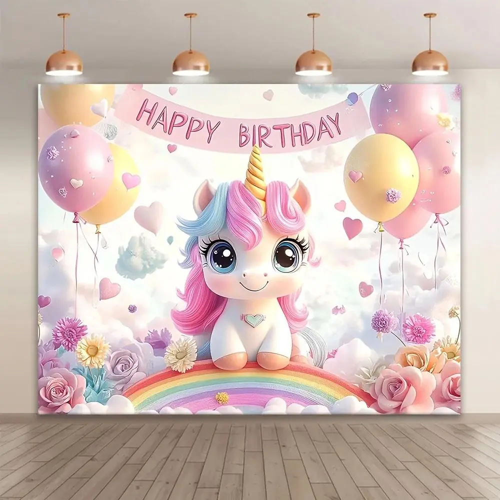 Unicorn Birthday Backdrop Party Backdrop Polyester Fabric Birthday Decoration Photo Backdrop Wall Decor Photography Background Magical Fantasy Event Banner Celebration Studio Prop Rainbow Party Scene