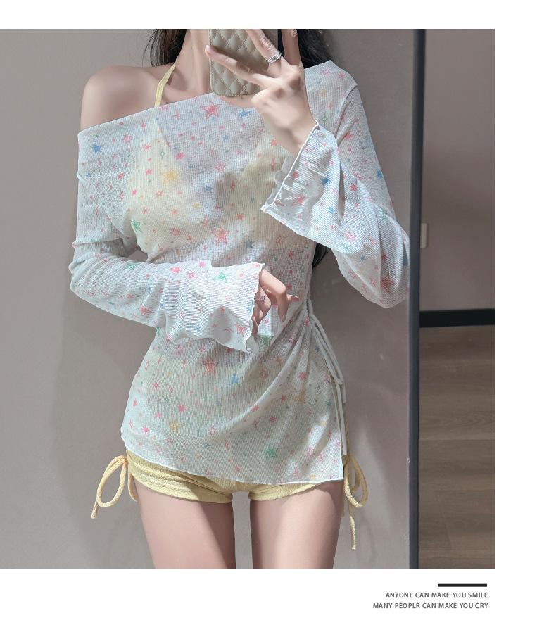 Women's three-piece swimsuit set, long-sleeved for sun protection, with a fresh star print, sweet and charming, suitable for beach wear