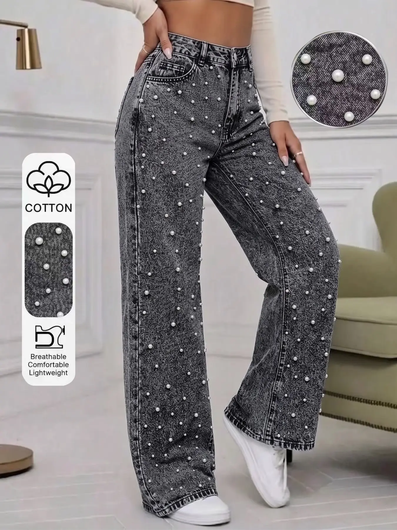 Mid-Rise Straight Leg Jeans with Pearl Embellishment, Snow Wash Denim Pants for Women, Vintage Slimming Casual Streetwear, Trendy Summer Bottoms, Elegant Chic Style, All Season Comfort, Everyday
