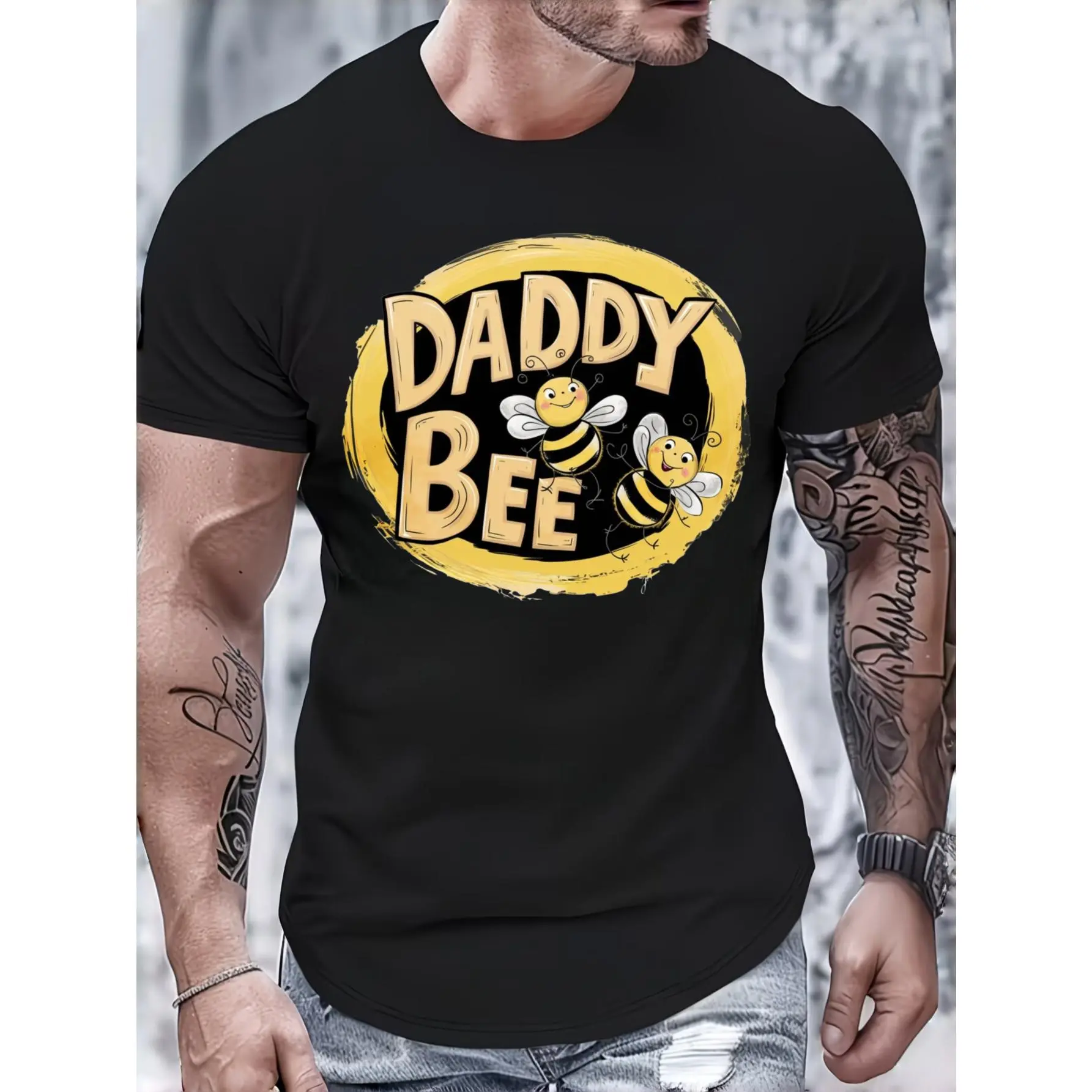 Casual Funny, Men's T-Shirt, Daddy Bee Cartoon Print, Summer Fatherhood Gift, For Dad Or Husband