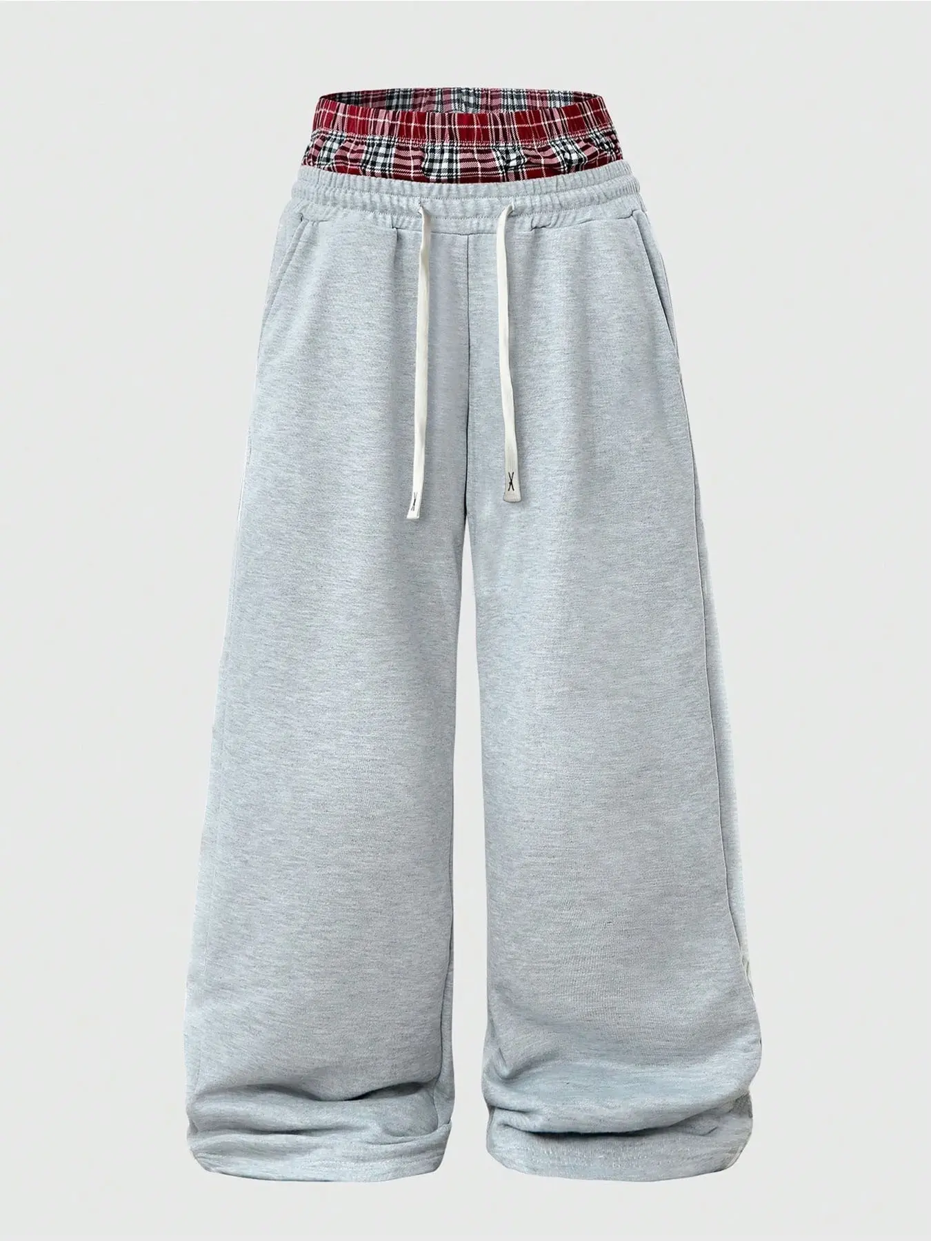 Men's Double Waist Red Plaid Spliced Wide-Leg Sweatpants, Y2K Streetwear Loose Draped Drawstring Sports Pants With Pockets, Ideal For Daily Casual, Loungewear And Hip-Hop Outfits, Casual Sports Bottoms