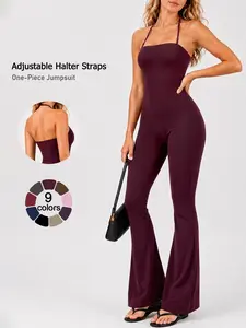 Women's Sleeveless Halter Sports Jumpsuit Soft Nylon Spandex Fabric Yoga Jumpsuit Suitable for Daily Wear Outdoor Training and Fitness Fashion All-Match Wide Leg Pants Four Seasons One-Piece Sportswear Sports Casual Jumpsuit Sleeveless Yoga Jumpsuits