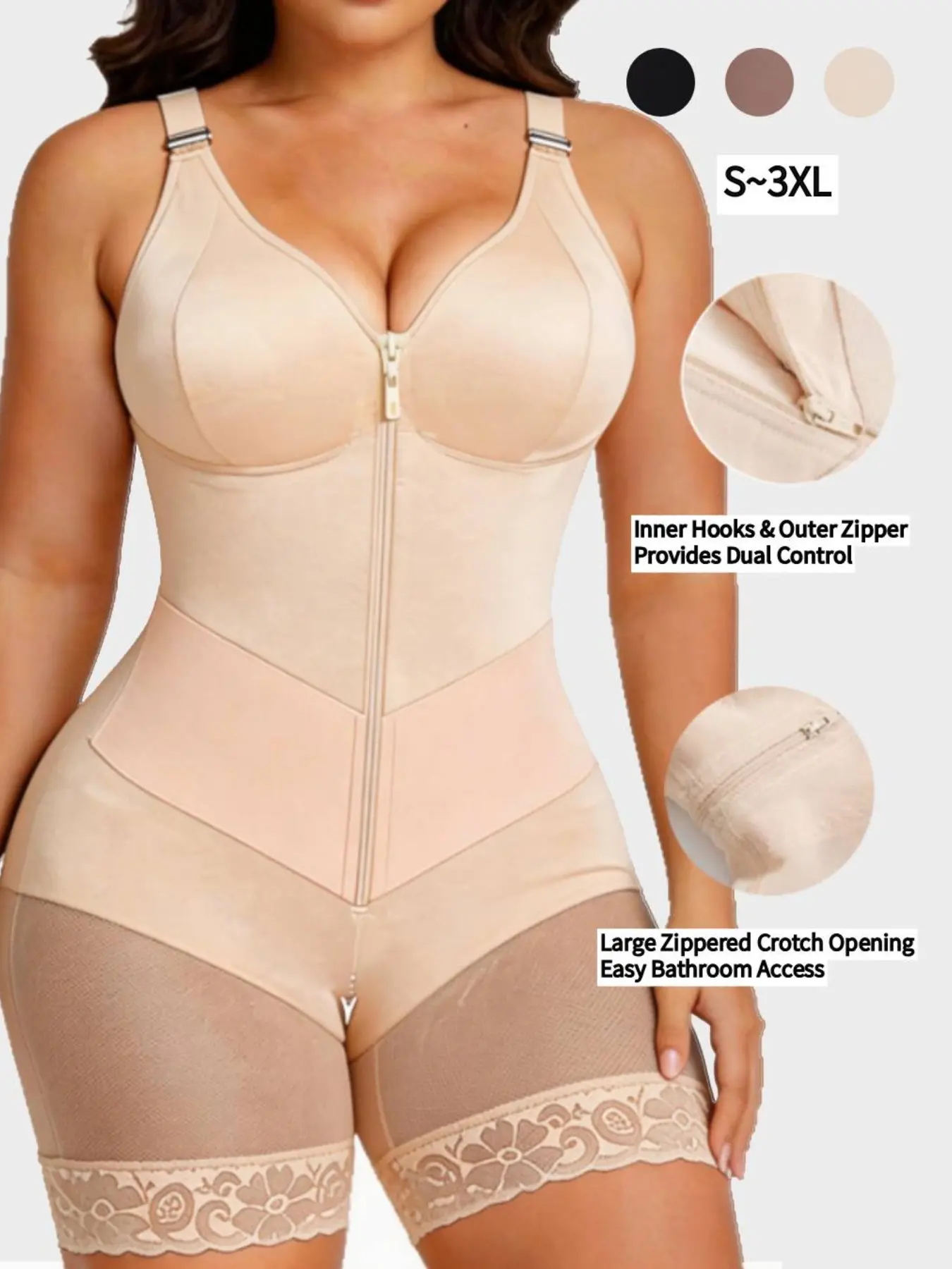 Women's Front Zipper Waist Trainer Bodysuit, Adjustable Straps, Butt Lifter, Lace Mesh Compression Underwear, Hourglass Body Shape