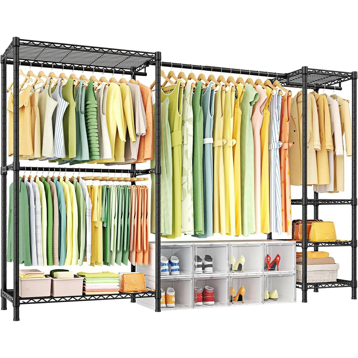 E10 Clothes Rack(With Stretchable Hanger Rod)Freestanding Clothing Racks for  Clothes,Adjustable Closet Organizer System,Portable Garment Rack 73-97"W x 15" D x 72" H,Max Load 800LBS,Black