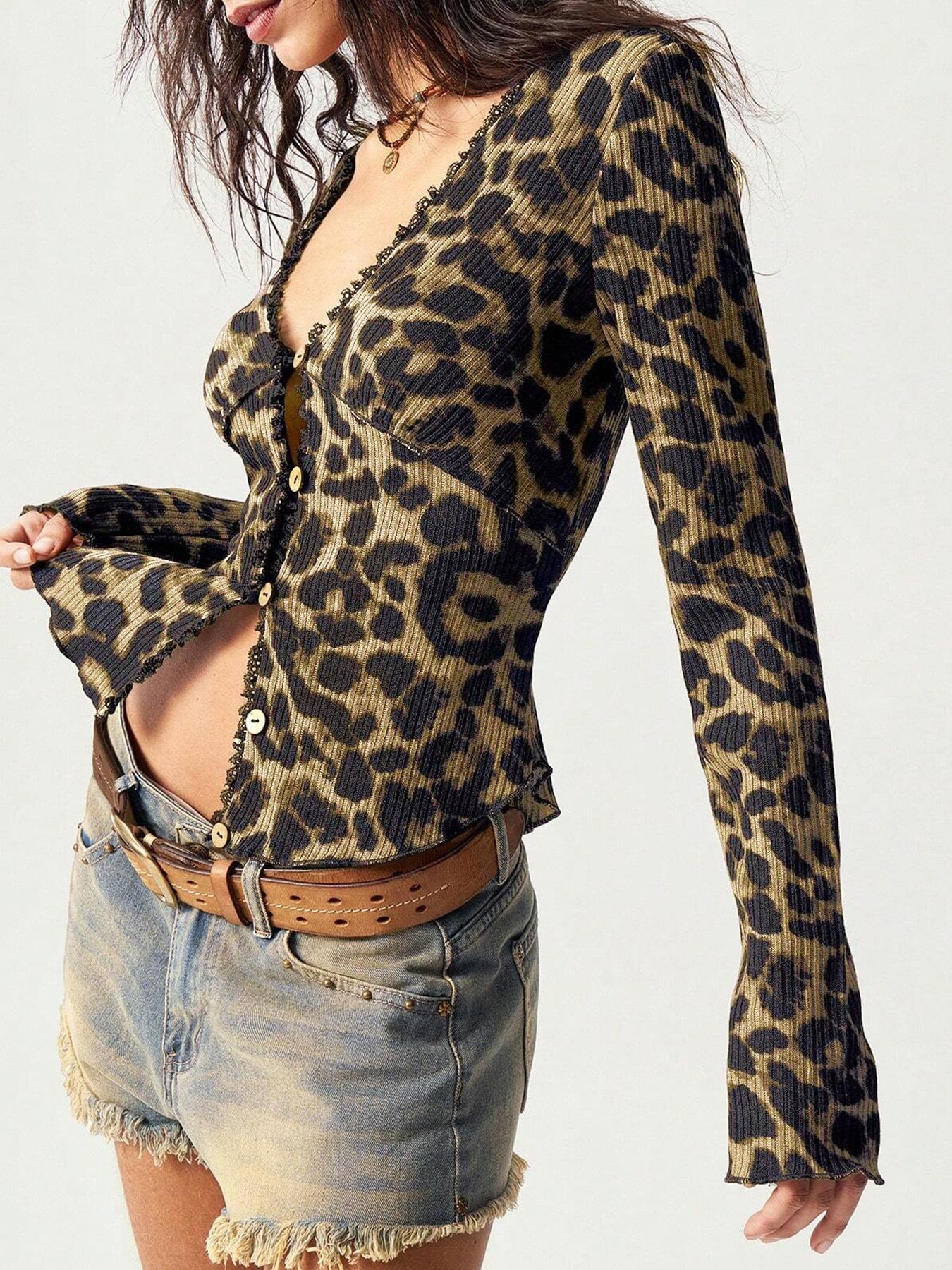 Women's Leopard Print Long Sleeve T-Shirt, Slim-Fit Casual Top for Fall Season, Stylish Fashionable Women's Clothing