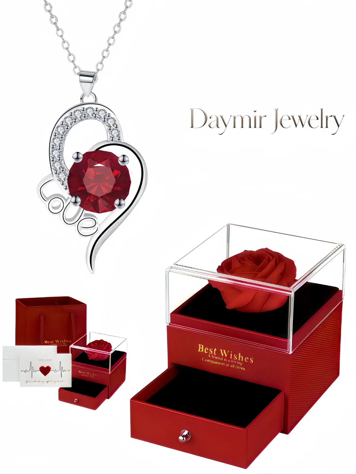 "Love Heart Whisper", premium dazzling LOVE heart gem necklace matched with preserved rose jewelry box, ideal gifts for birthdays, Mother’s Day, Valentine’s Day and Christmas.