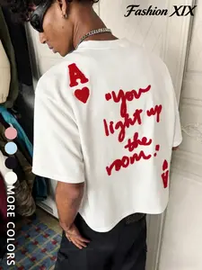 Men & Women Ace of Hearts Chenille Letter Graphic 100% Cotton T-Shirt - Summer Vintage Cropped Oversized Streetwear for Teen Boys, Guys, Young Adults | Daily Wear, Casual Outfit