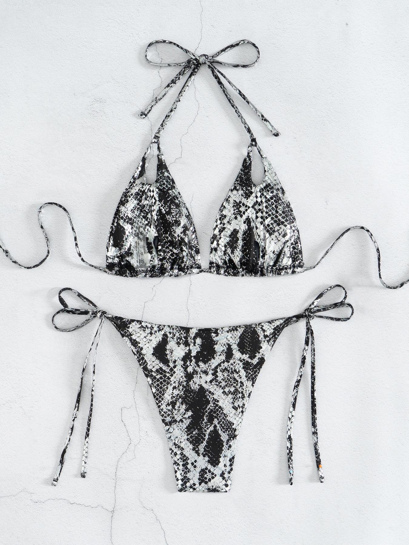 Two-Piece Set Women's Snakeskin Print Glossy String Bikini Set, Sporty Halter Neck Tie Back Triangle Swim Bra & Tie Side High Cut Swim Panty, Two-piece Swimsuit for Beach Holiday Vacation Tie Back Bikinis