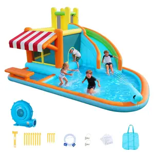 VEVOR Inflatable Bounce House, 14.9x 12.8x 7.8 ft Inflatable Bounce House Water Slide, Bouncer Castle with Castle Bounces, Tall Slide, Splash Pool Pretend Market Booth, for 3 to 4 Kids Ages 3 to 8