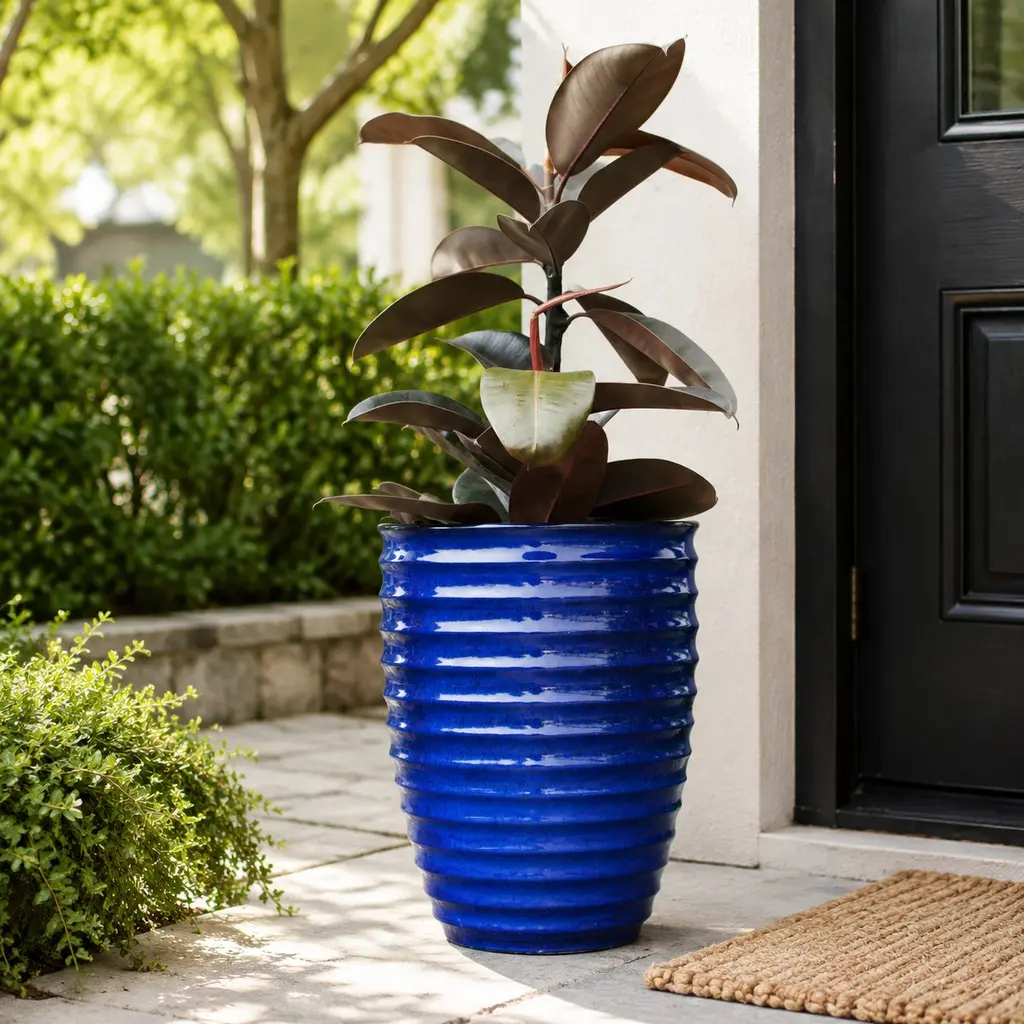 ARCH Handmade Textured Sapphire Blue Ceramic Planter - 17in Diameter Large Glazed Clay Pot, Indoor-Outdoor Breathable Plant Growth Pot with Horizontal Ripples for Patio Living Room Decor, Glazed Flower Pots, Handmade Textured Flower Pots