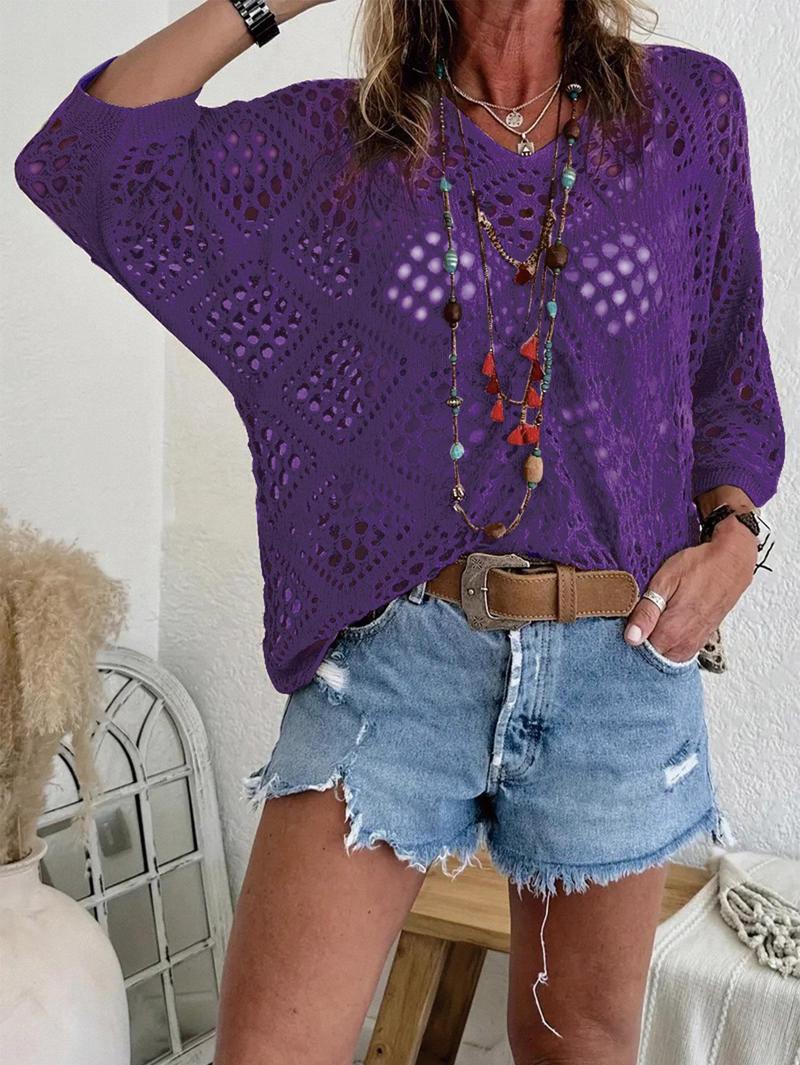 Plus Size Solid Hollow Out Drop Shoulder Knit Top, Casual V Neck Three Quarter Length Sleeve V Neck Knitwear for Summer, Women's Plus Clothing for Daily Wear