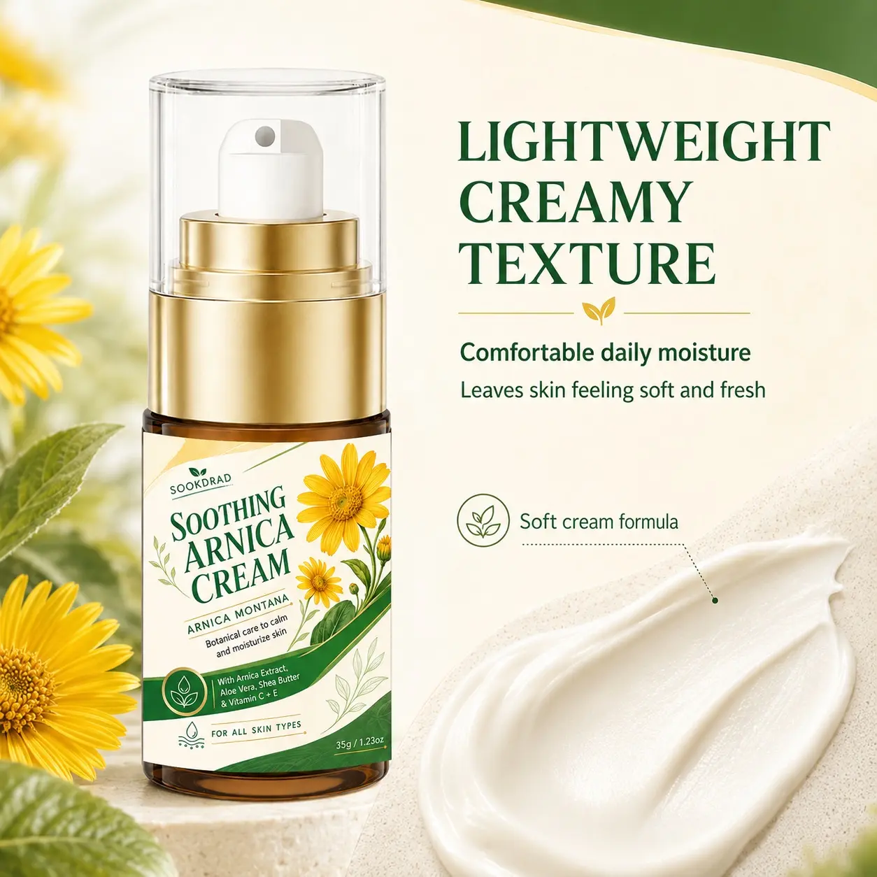 Soothing Arnica Cream, with Arnica Extract, Aloe Vera, Shea Butter, Vitamin C, Vitamin E, Calming Skin, Moisturizing Skin, For All Skin Types, 35g/1.23oz