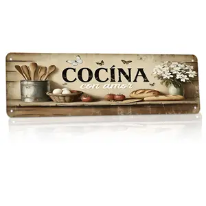 Cocina Con Amor, Spanish Kitchen Quote, Farmhouse Style 16x4 Inch Flat Printed Weatherproof Rust-Proof Aluminum Metal Sign Rustic Food & Floral Visual Effect Design Kitchen Wall Art, Warm Gift For Home Cooks & Latin Kitchen Lovers