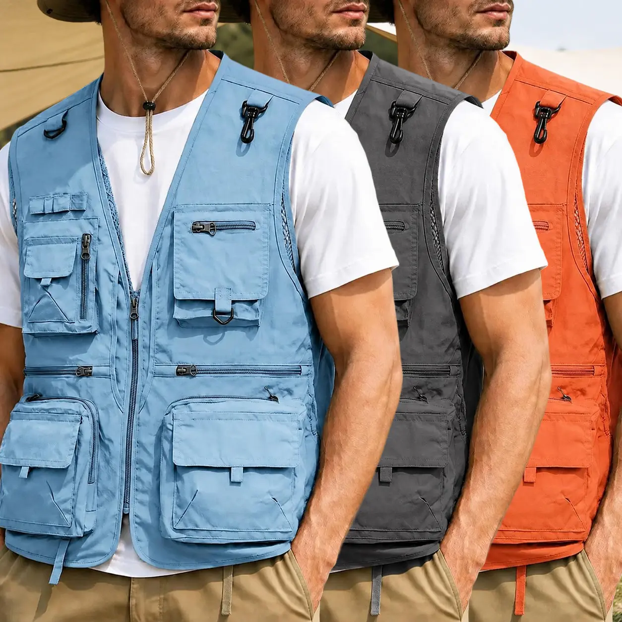 Men's Utility Cargo Vest Multi Pockets Mesh Sleeveless Zip Up Fishing Photography Vest Outdoor Hiking Camping Travel Workwear Breathable Lightweight Safari Gilet
