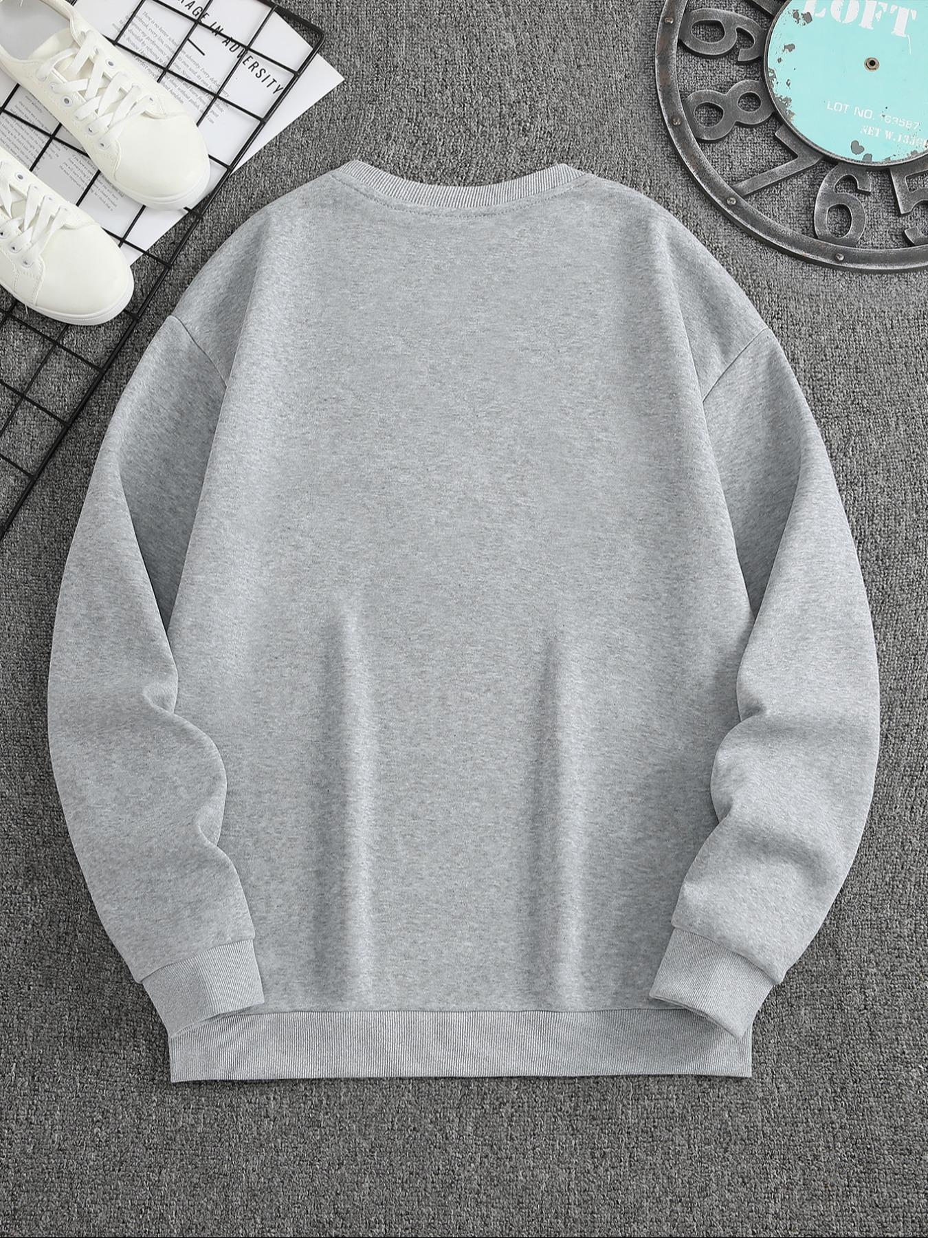 Men's Cat Print Drop Shoulder Thermal Lined Cute Cozy Sweatshirt, Regular Fit Casual Long Sleeve Round Neck Pullover for Fall & Winter, Fashion Men's Top for Daily Wear, Graphic Sweatshirts