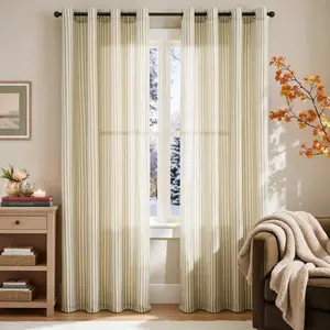 Fine-Striped Linen Blend Grommet Curtains
