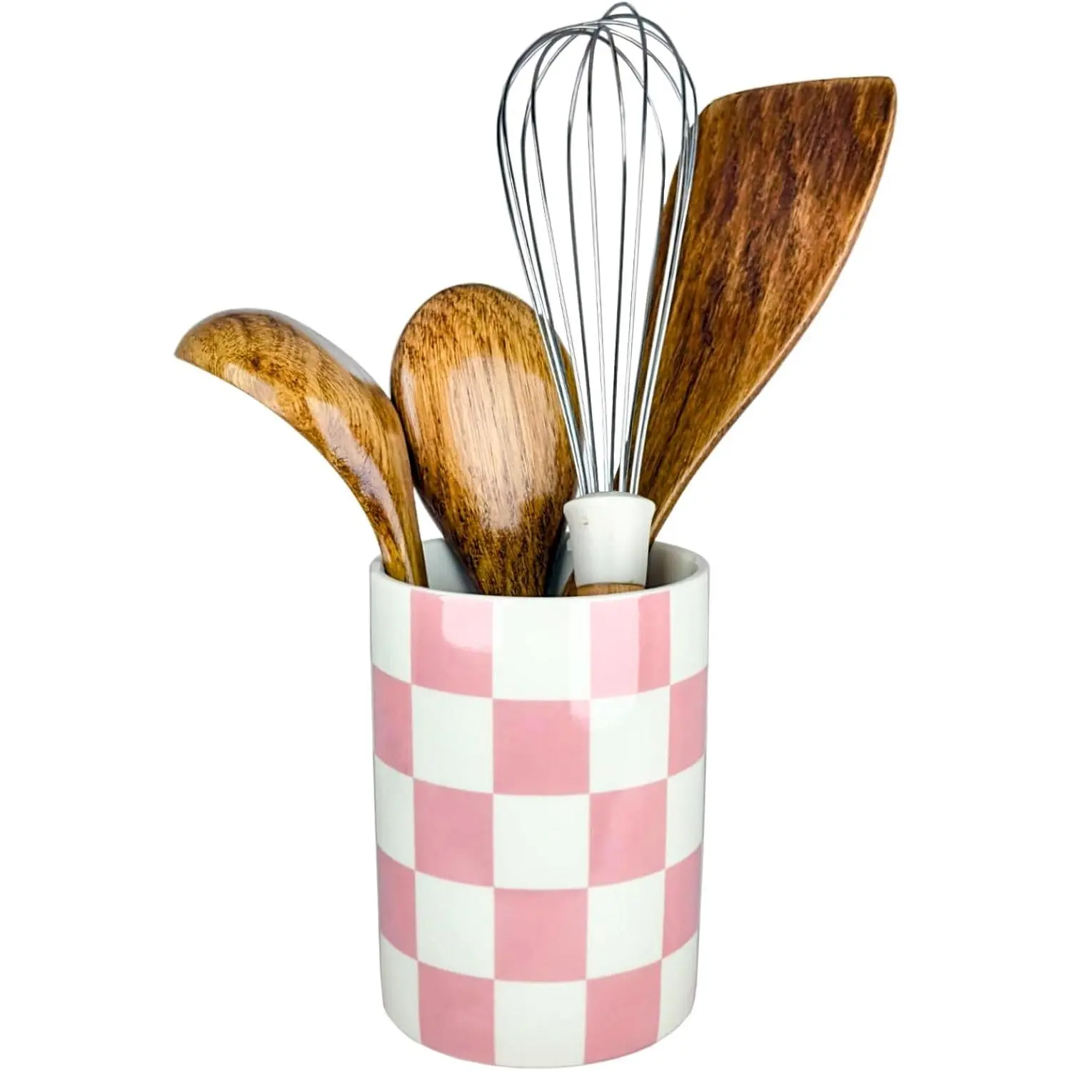 Checkered Utensil Holder, 4.13''x5.71 Utensils  for Kitchen Counter, Medium Size Utensil Crock for Countertop, Utensils Organizer Storage for Parties Dining-Modern  and White