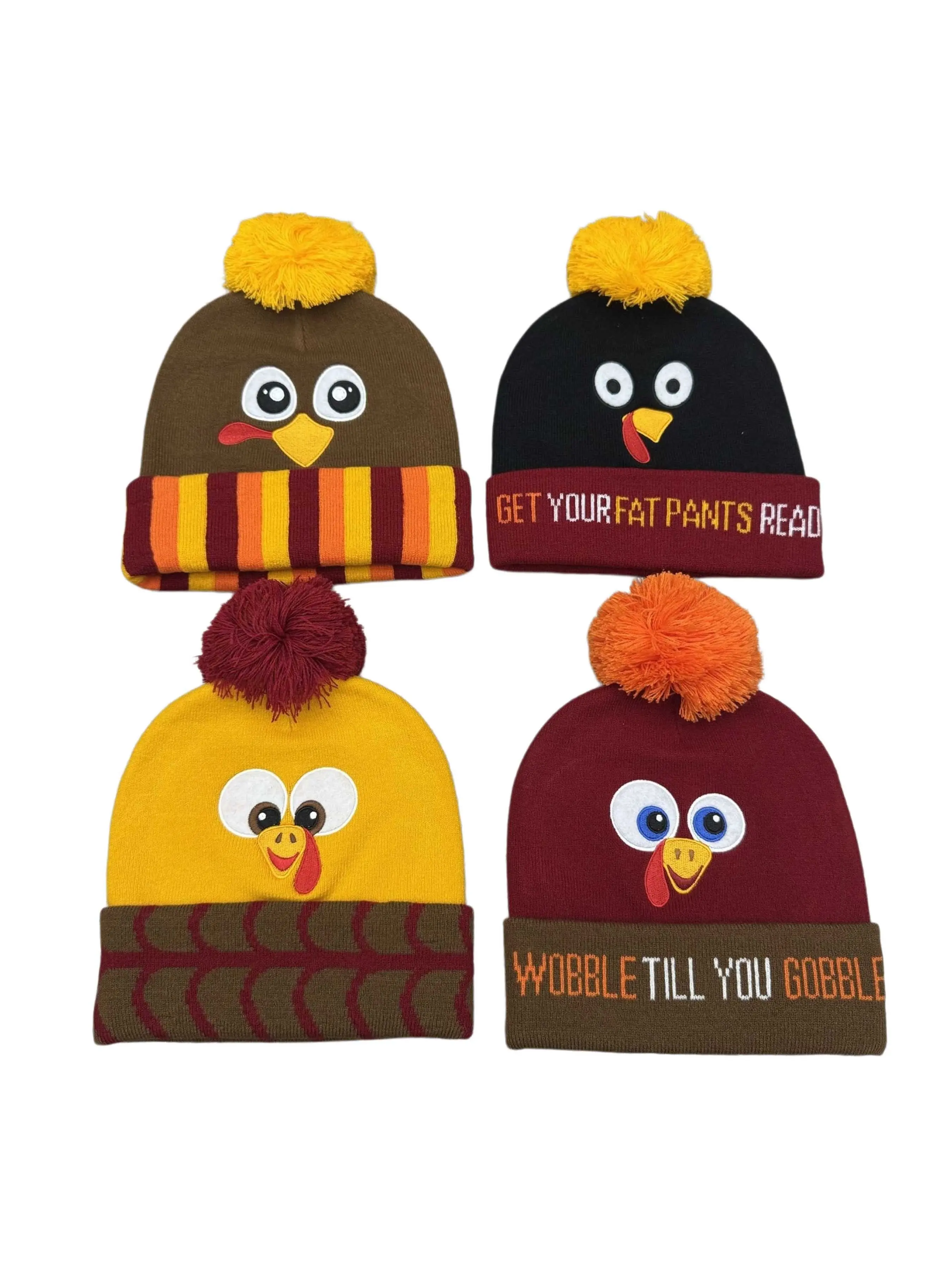 Thanksgiving Turkey Pom Pom Beanie, Fun Fall Holiday Skull Hat, Cute Cartoon Turkey Face Knit Cap, Warm Elastic Knitted Hat, Festive Headwear