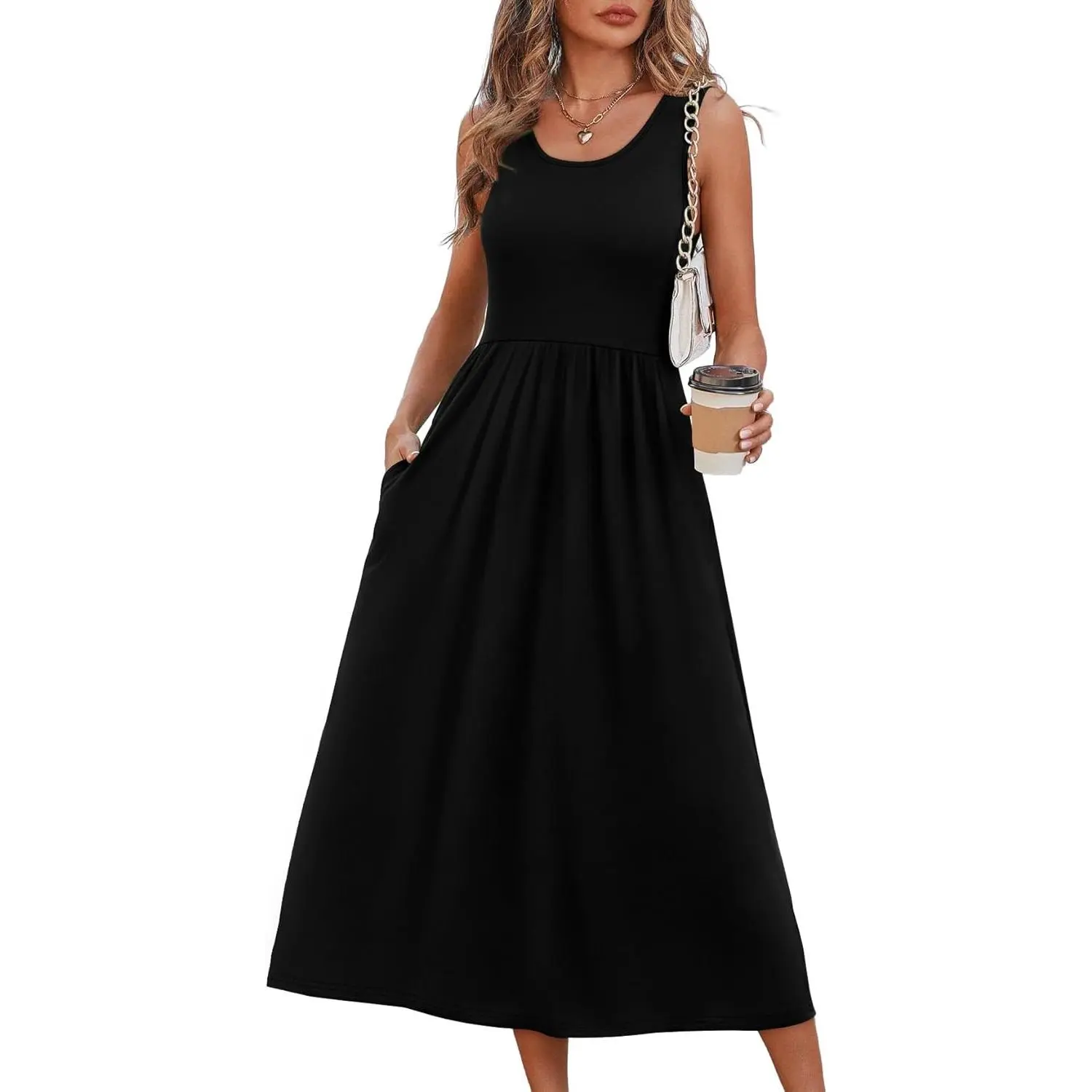 Women's Chic Tank Top Flowy Casual Midi Dress - Maternity Casual Wear, Beach Vacation Sundress with Pockets, Vibrant Vibe, Print, Day, Fit, Stretchy, Sleeveless Shirt, Tank Top Dress, Casual Chic Outfits
