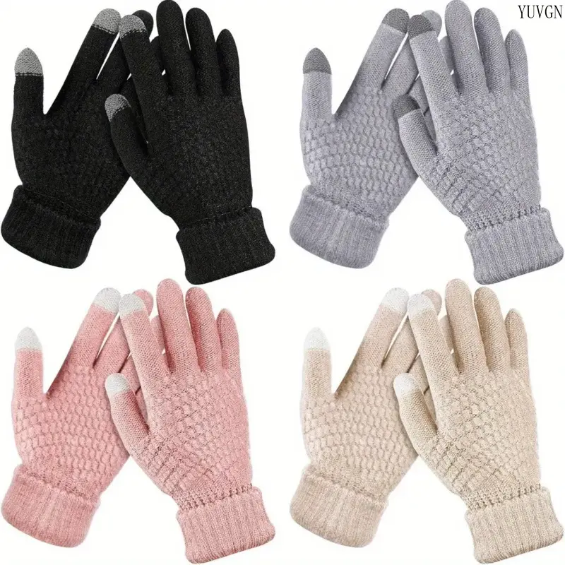 Women's Touchscreen Gloves, 4-Pair Korean-Style Velvet, Thick Fleece-Lined with Elastic Cuffs for Cold Weather Skiing & Cycling