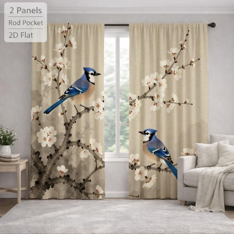 2Pcs Japanese Style Blue Jay Bird Plum Blossom Floral Curtains Digital Printed Rod Pocket, Window Treatment For Bedroom Office Kitchen Living Room Study Home Decor