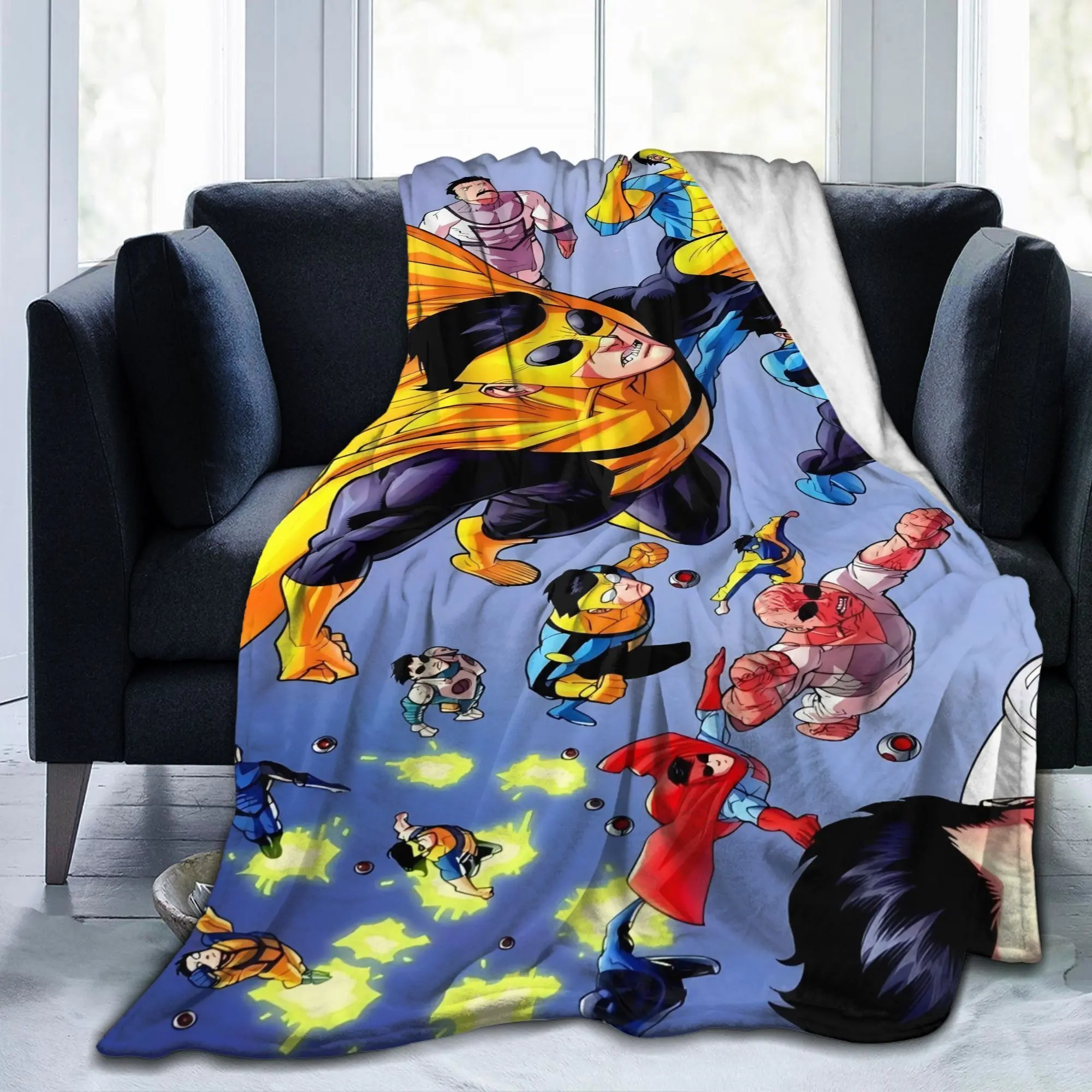 All-Season Ultra-Soft Flannel Blanket with Invincible Superhero Comic Book Design - Vibrant Action-Pose Characters, Dynamic Poses & Multicolor Panels, Warm Cozy Throw for Home, Office, Travel - Gift for Fans, Durable All-Season Use