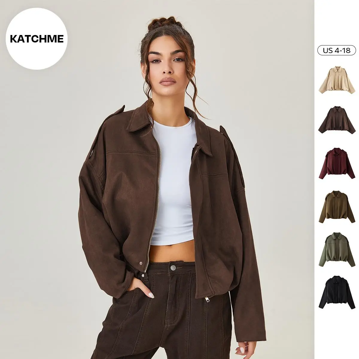Katch Me Chic(US)Women's Winter Vintage Solid Color Collared Zipper Long Sleeve Jacket, Cozy Oversized Outerwear for Lady, Versatile Loose Outfits for Daily Wear, Soft Womenswear