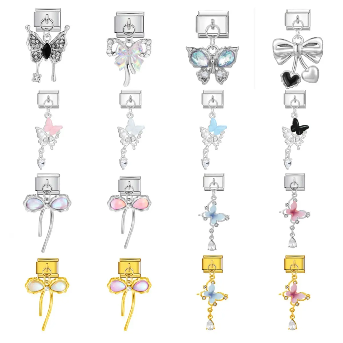 Iridescent Dangle Butterfly Italian Charm Links, Drop Bow Butterfly Pendant Charms for DIY Italian Charm Bracelet, Gift for Her