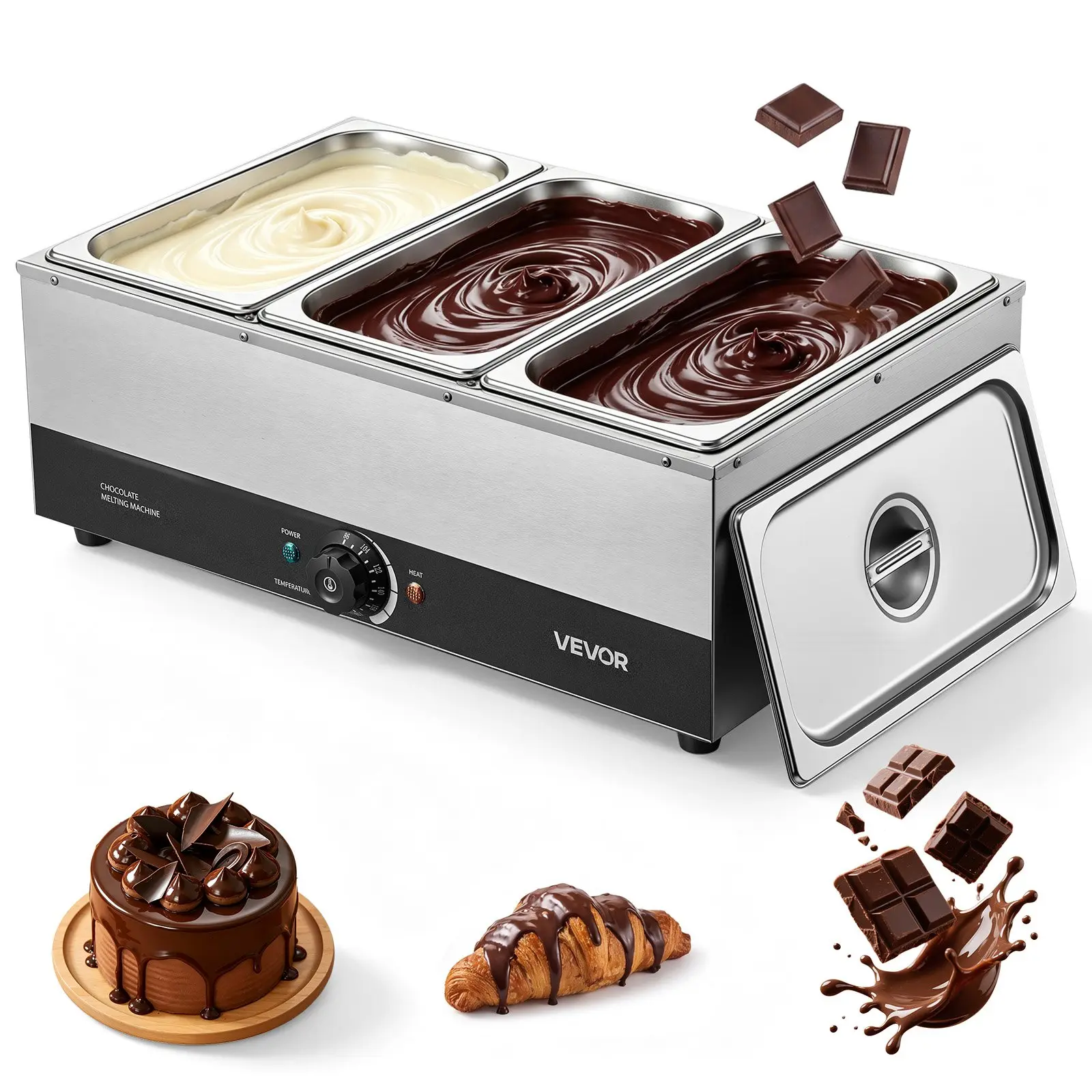 VEVOR Chocolate Melting Machine, 3 Tanks 27 Lbs Choc Commercial Melter, 1200W High Power, Water Bath Heating System, Stainless Steel Body, 86℉- 185℉ Temp Range, Chocolate Warmer for Cheese Milk