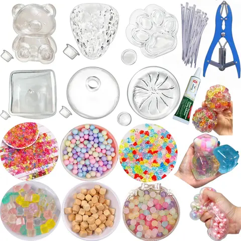 DIY Stress Ball Making Kit, Includes 6 Filling Packs, Bear Cube Strawberry Dumpling Cat Paw Shapes, Expansion Tool, Adult Relaxation, Stress Relief Ball