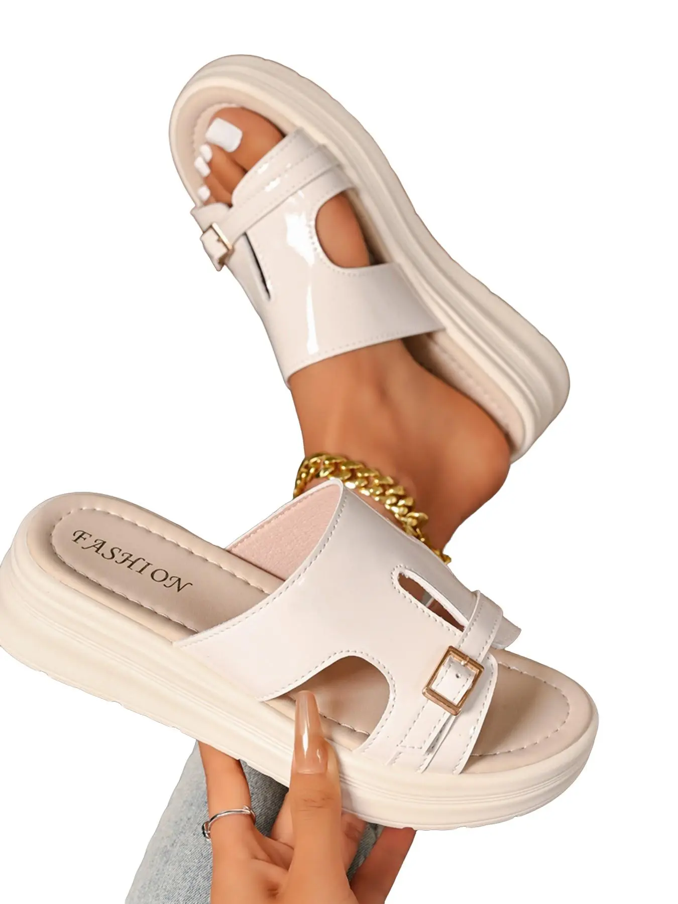 Women's Glossy Hollow Out Sandals, Adjustable Metal Buckle, Thick Sole, Soft Cushioned, Anti-Slip, Summer Beach Travel Shoes