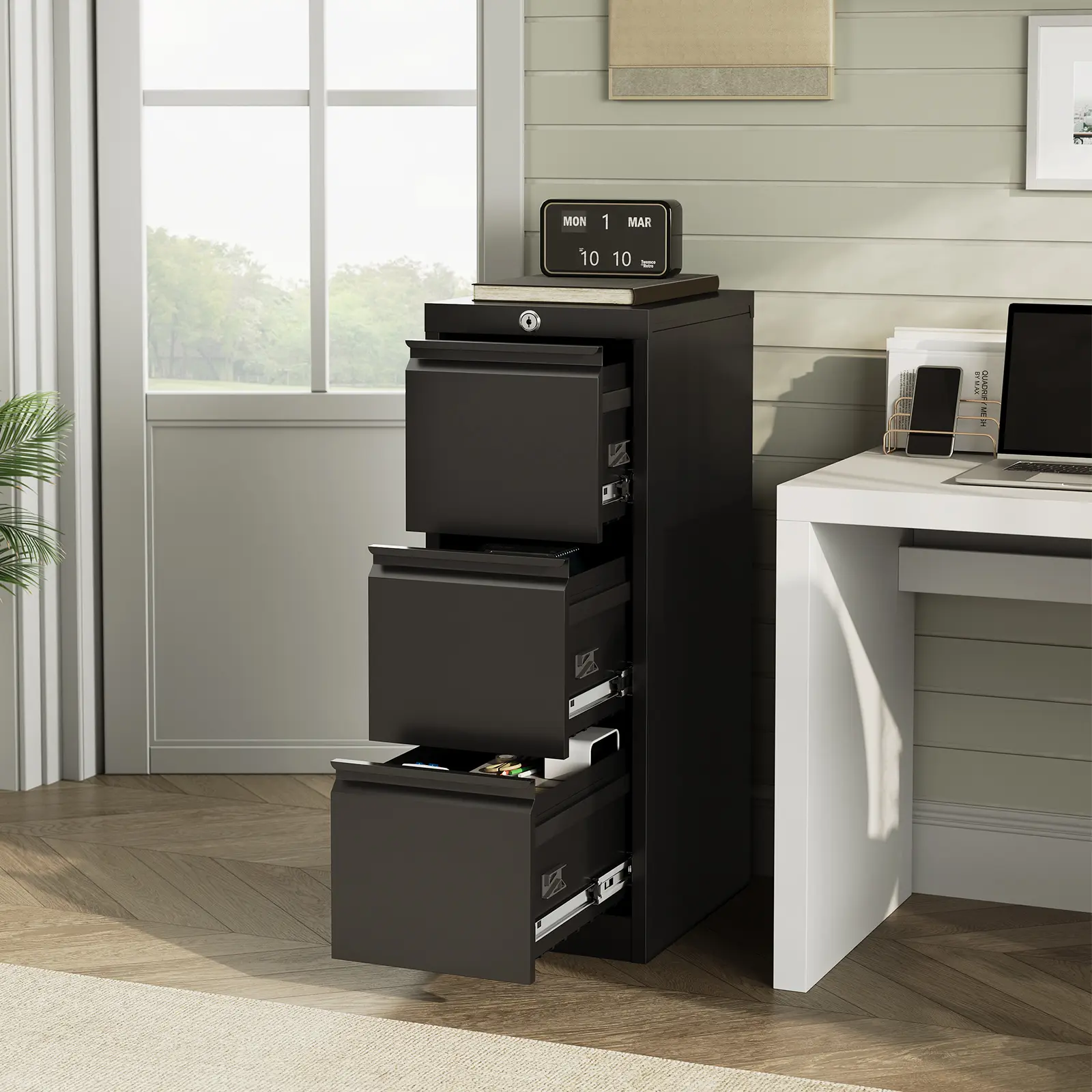 Heavy Duty Lockable 3-Drawer Metal Vertical File Cabinet, Space-Saving Secure Storage Fits Legal, Letter, A4 & F4 Documents for Home & Office Use