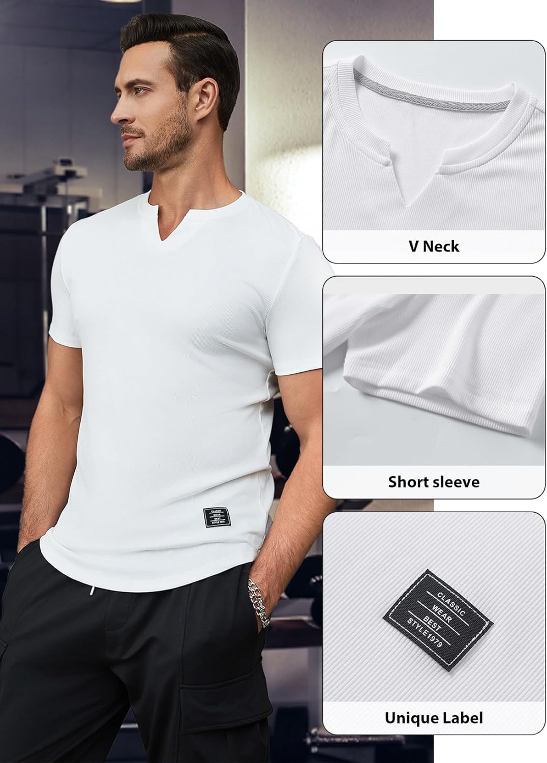 Mens Muscle Slim T Shirts Texture V Neck Longline Henley Gym Workout Athletic Tee Shirt