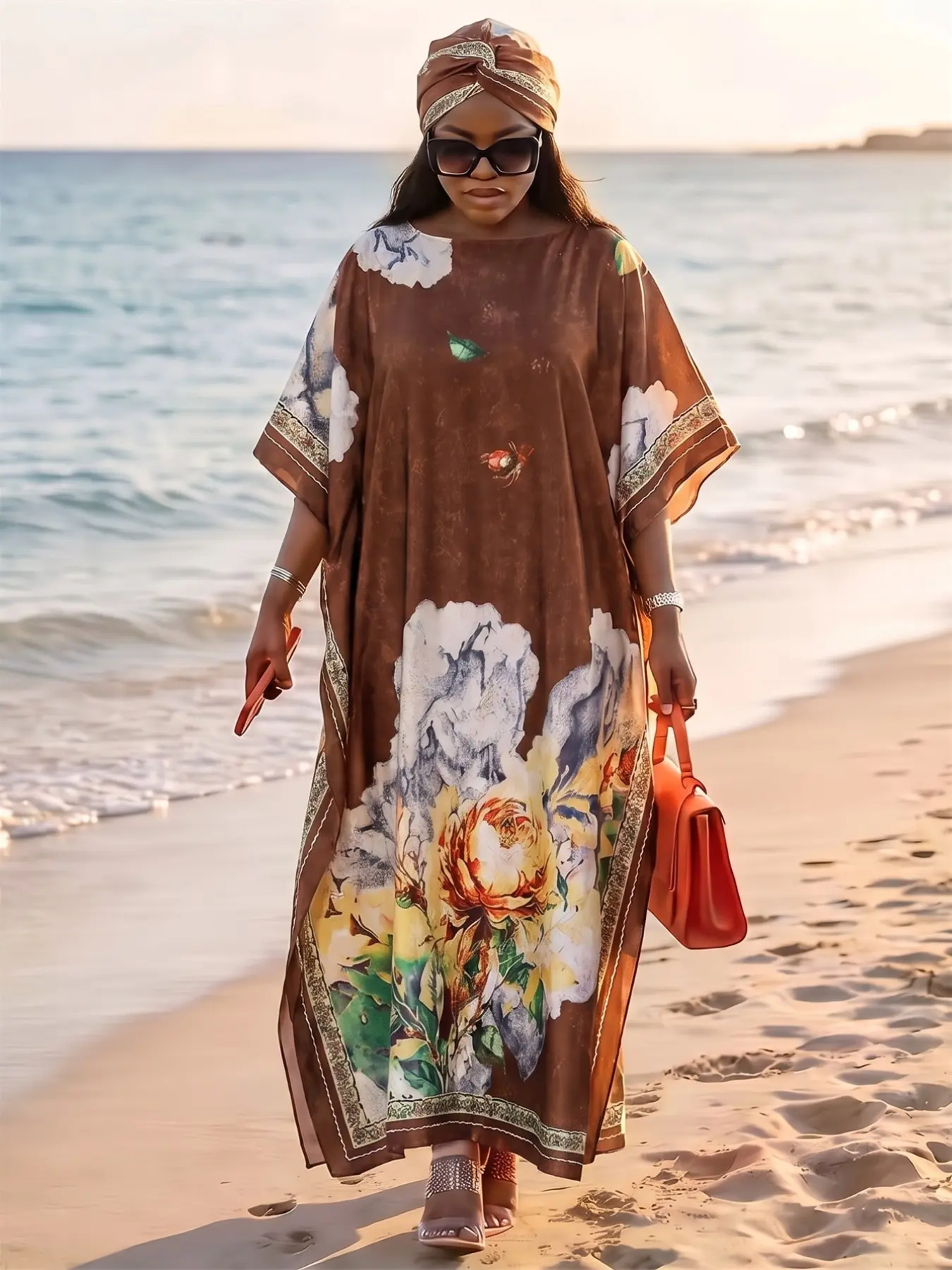 Women's Coffee Base Watercolor Peony Kaftan Set, Maxi Dress and Matching Hijab, Sun-Protection Boho Beachwear Accessory