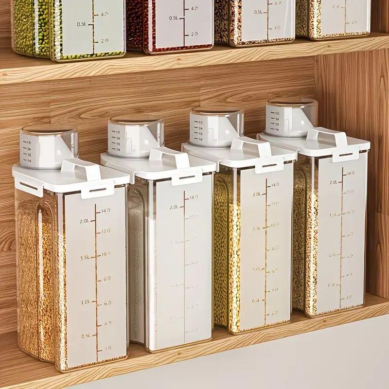 GHQ 4pcs Household Airtight Rice Storage Containers with Measuring Cup & Lid-Handle, BPA-Free Drygrain Cereal Canisters, Moistureproof Food Storage Jars for Kitchen Pantry