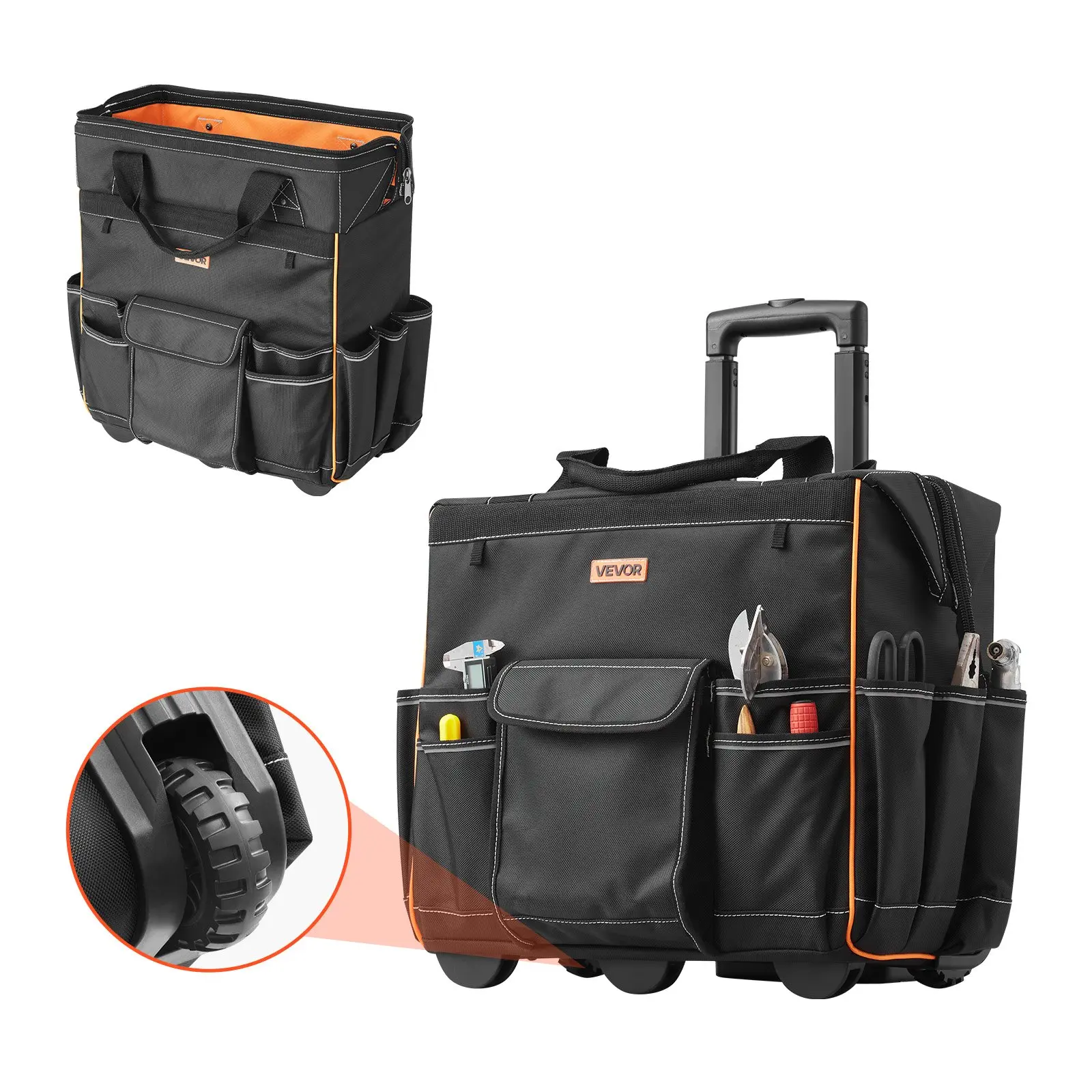 VEVOR Heavy-Duty Polyester Rolling Tool Bag, 110lb Load Capacity, 25 Pockets, Adjustable Handle, 18.11x10.62x16.92 in, 4.5 in Handlebar Length, Reflective Straps, Stable Base, Wheeled Tool Organizer for Electricians, Construction Work, Orange