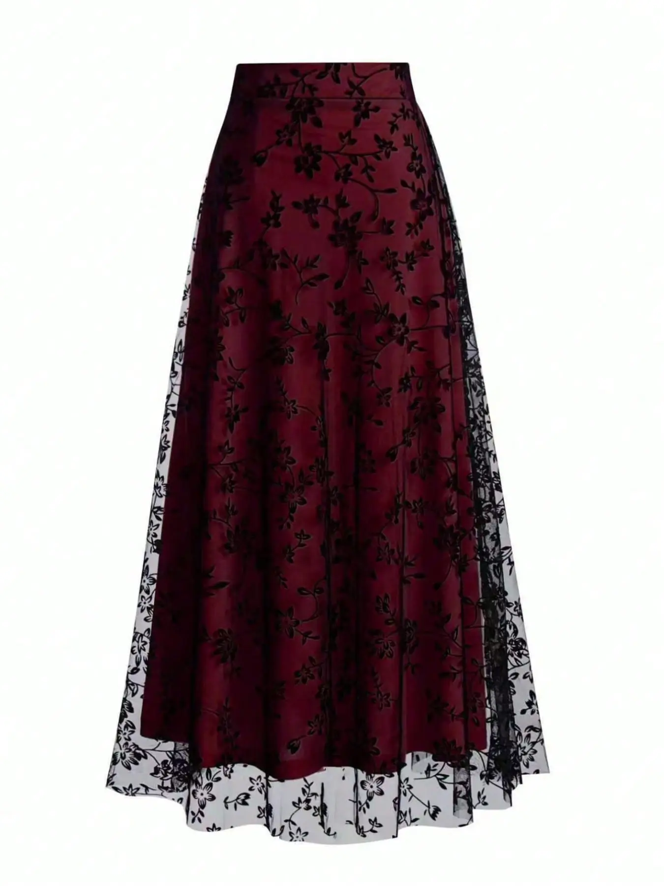 Elegant French Style Vintage Romantic Casual Midi Skirt, Slimming High Waist Loose Fit, Ditsy Floral Mesh Zipper A-Line Dress, Spring Fall New Arrival, Fashion Casual Skirt