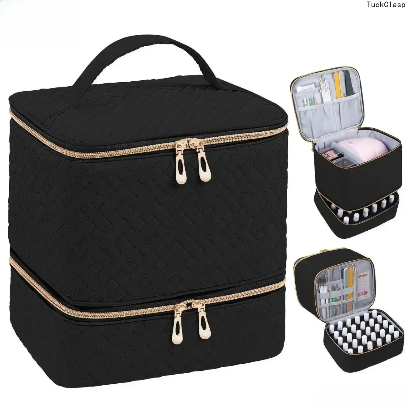 Large Capacity Double-Layer Makeup Bag with Handle, Multi-Compartment Cosmetic Organizer for Makeup, Skincare & Nail Polish, Lightweight Portable Beauty Storage Case for Travel, Home & Professional Salon Use