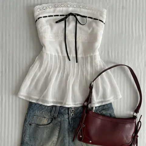 French Bow Tie Halter Top for Women, Lace Trim Waist Cinch Slimming Chiffon Ruched Sleeveless Top, Elegant Chic Summer Fashion Lightweight, Fit