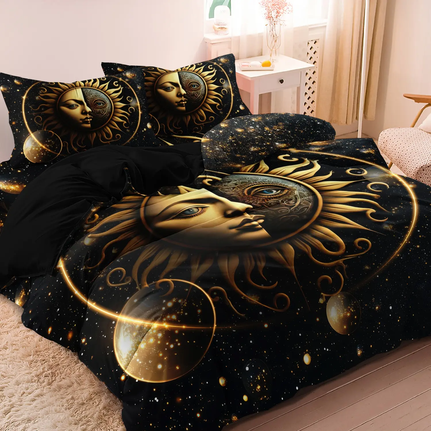 3Pcs Cosmic Galaxy Sun Moon Face Print Duvet Cover Bedding Set, Black Star Sky Golden Planet Celestial Astrology Pattern Bedding, Perfect Gift , Machine Washable Soft Breathable Bedding Linen (1 Duvet Cover + 2 Pillowcases, No Comforter No Pillow)