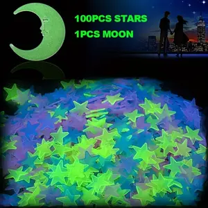100pcs 3D Glow Stars and 1pc 5.12'' Glow Moon, Ceiling Unique Wall Decor, Geometric Plastic Shapes, Reusable Romantic Theme, Self-Adhesive Wall Stickers