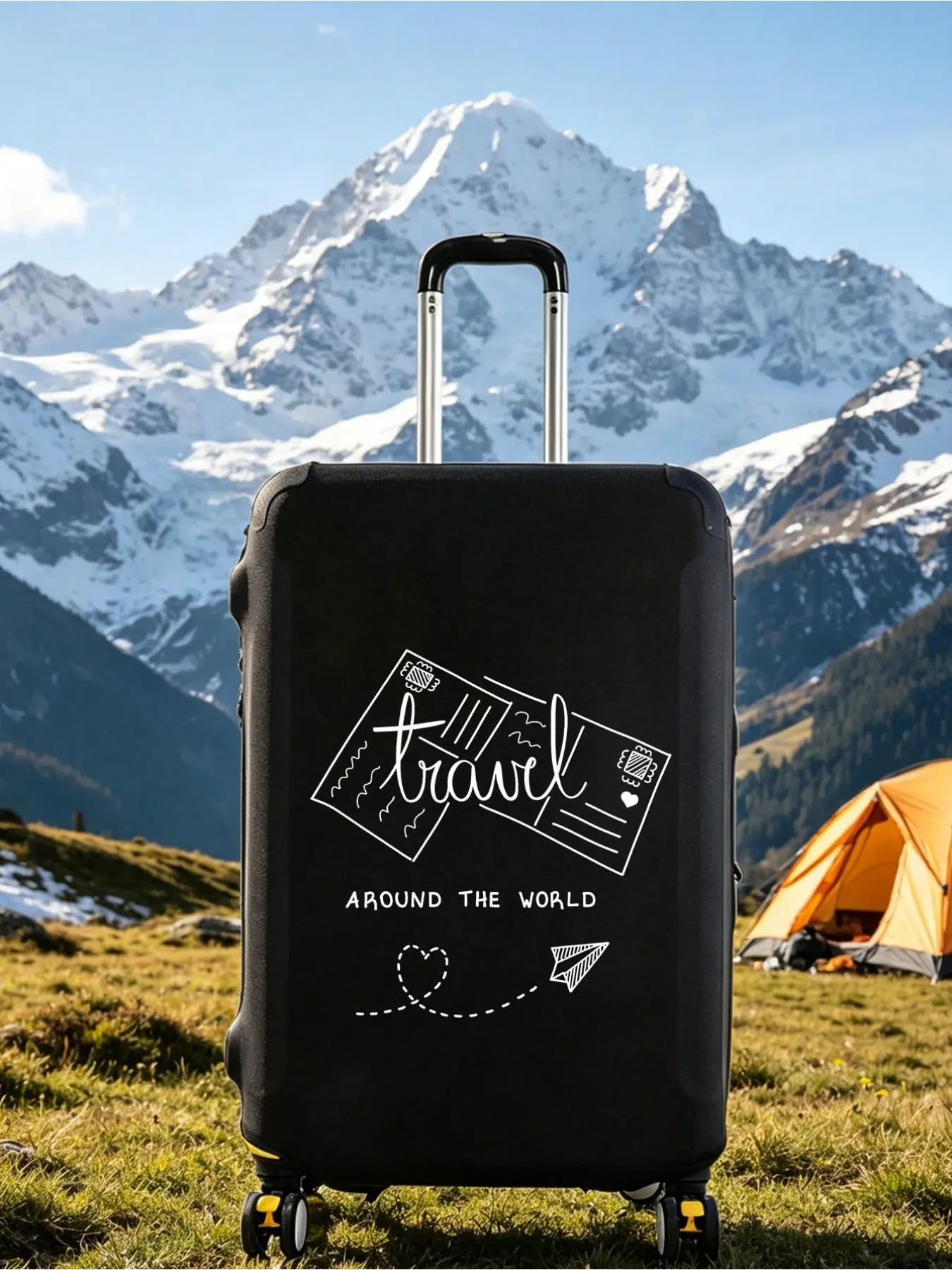 Postcard Print Stretch Luggage Cover 18-32 Inch, Durable Scratch & Dust Resistant Suitcase Protector with Luggage Tag, Fits Most Rolling Luggage, Traveling Essentials, Essential for Flight Cruise Business Travel, Ideal Birthday Back to School Gift