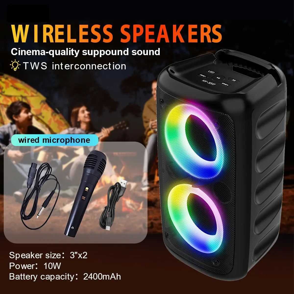 Portable Bluetooth-compatible Speaker Hy-3317, Wireless Audio Player with TF Card/USB/aux, RGB Ambient Light, High-Quality Sound, Ideal for Parties and Camping, Portable Party Speaker