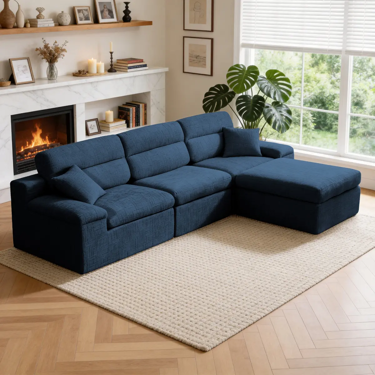 Corner Chaise Sofa with High Backrest,L-Shaped Couch with Slub Chenille Fabric, Compressed High-Density Sponge Cushion, Space-Saving No-Assembly Sofa for Living Room,Apartment(Blue)