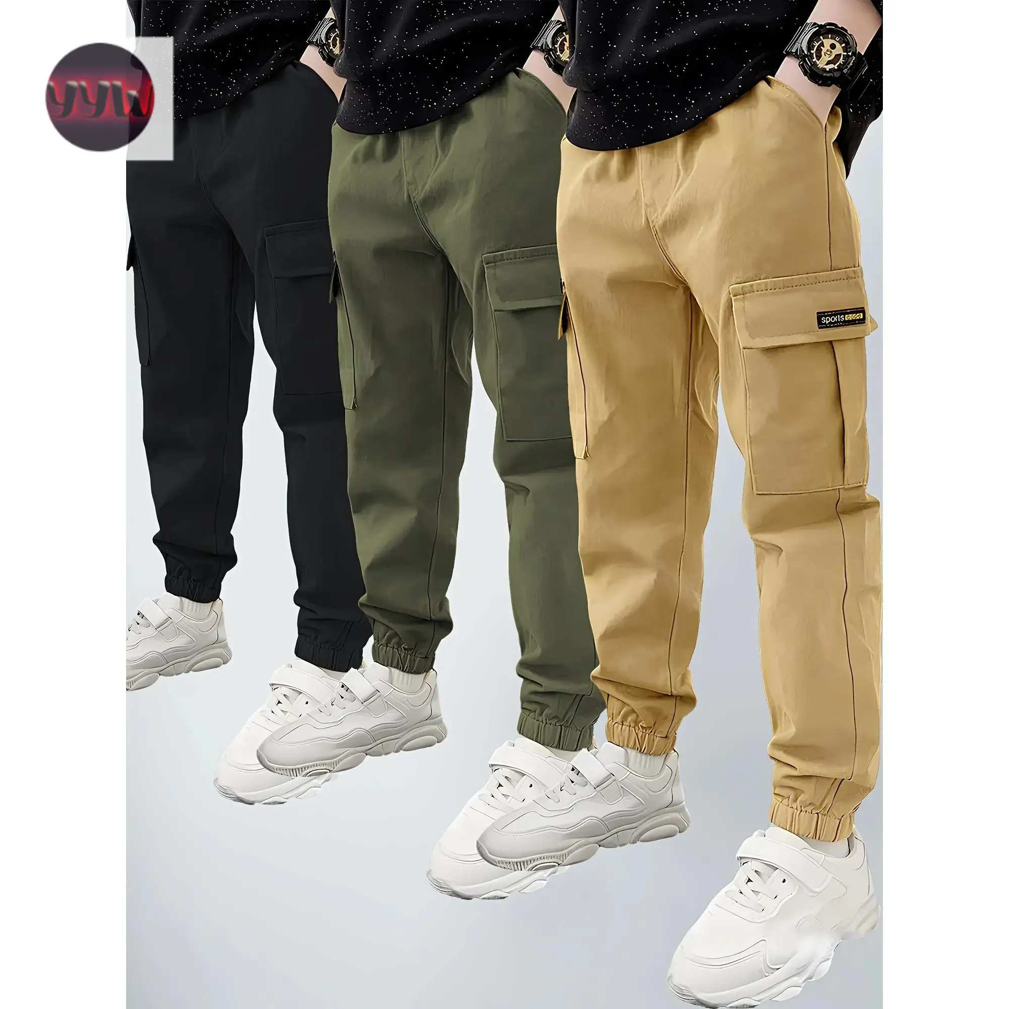 YYW1 3-Pack Boys' Cargo Pants Long Pants, Loose Fit Woven Multi-Pack Casual Pants Kids